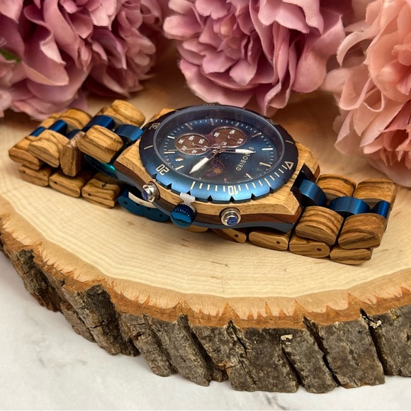 Luxury Zebra Wood Blue Chronograph Military Quartz Watch - Picture 12 of 16